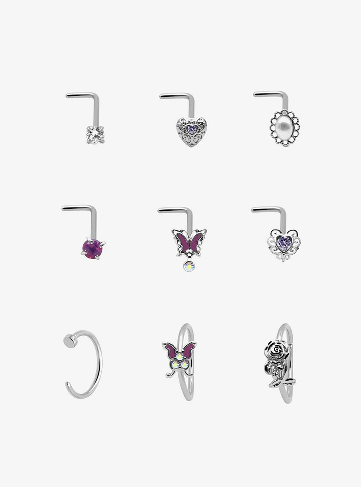 Steel Butterfly Heart Rose Nose Stud & Hoop 9 Pack