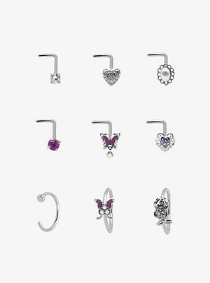 Steel Butterfly Heart Rose Nose Stud & Hoop 9 Pack