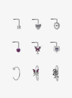 Steel Butterfly Heart Rose Nose Stud & Hoop 9 Pack