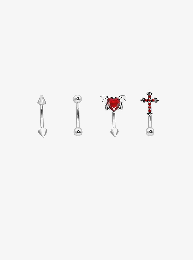 16G Steel Cross Heart Spike Eyebrow Barbell 4 Pack