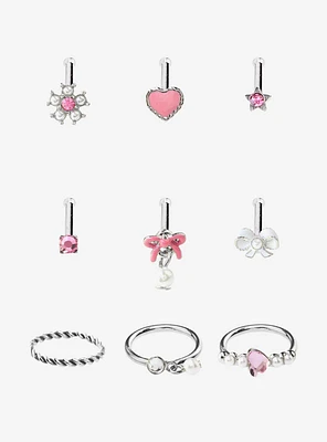 Steel Heart Bow Star Nose Stud & Hoop 9 Pack