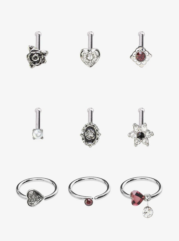 Steel Silver Rose & Cameo Nose Stud Hoop 9 Pack