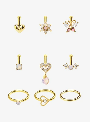 Steel Gold Jeweled Heart Nose Stud & Hoop 9 Pack