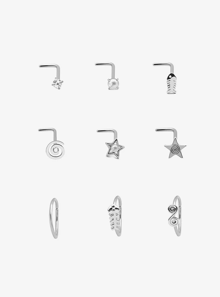 Steel Star Fish Bone Swirl Nose Stud & Hoop 9 Pack