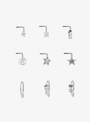 Steel Star Fish Bone Swirl Nose Stud & Hoop 9 Pack