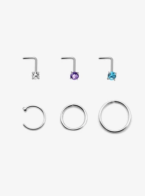 Titanium Colored Gem Nose Stud & Hoop 6 Pack