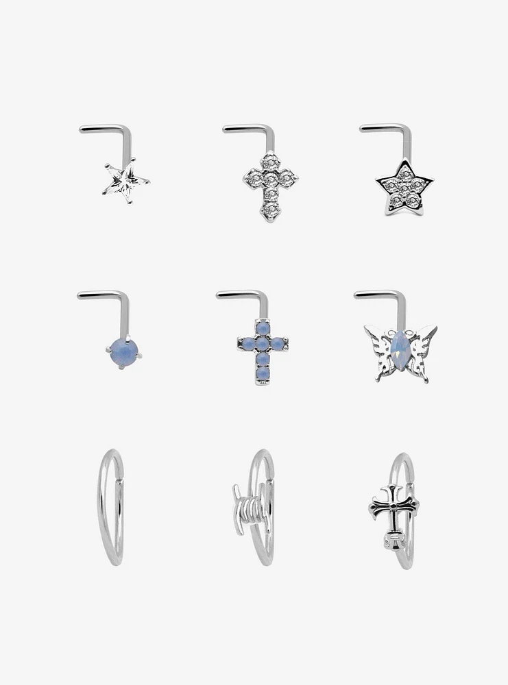 Steel Cross Butterfly Star Bling Nose Stud & Hoop 9 Pack