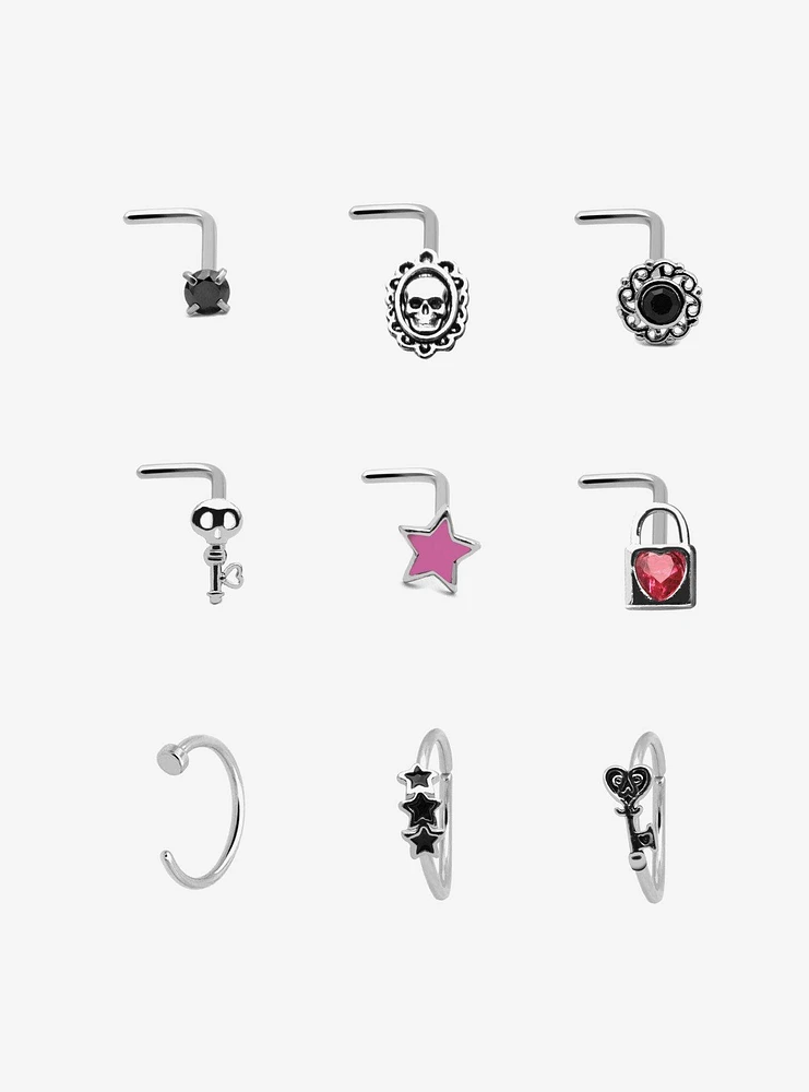 Steel Star Skull Key Nose Stud & Hoop 9 Pack