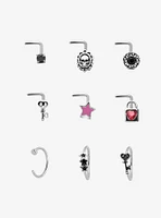 Steel Star Skull Key Nose Stud & Hoop 9 Pack