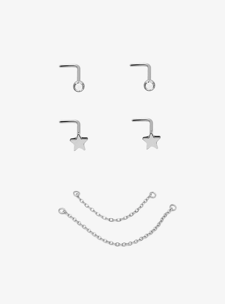 Steel Star Gem Nose Stud & Chain 2 Pack