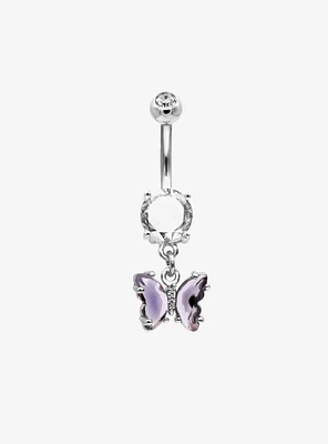 14G Steel Purple Butterfly Bling Navel Barbell