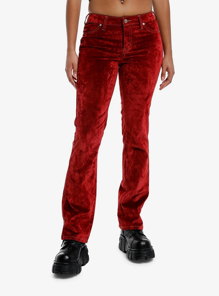 Red Flocked Low-Rise Straight Leg Jeans