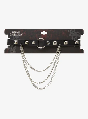 Social Collision Pyramid Stud Chain Faux Leather Choker