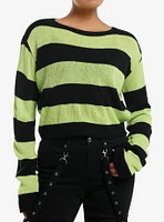 Social Collision Black & Green Stripe Girls Crop Sweater