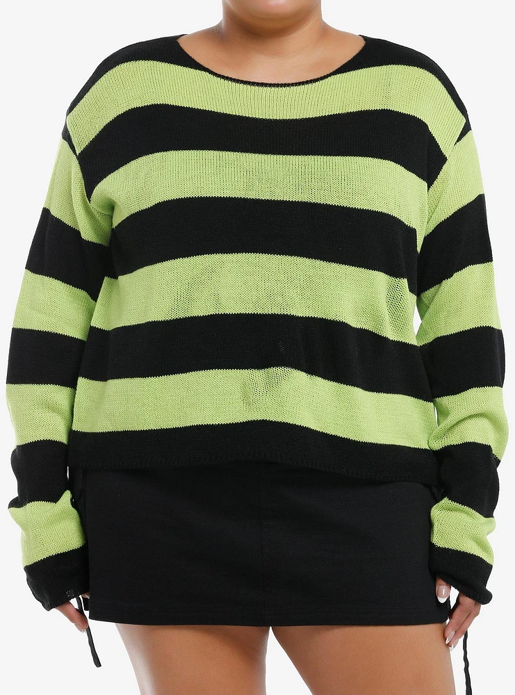 Social Collision Black & Green Stripe Girls Crop Sweater Plus