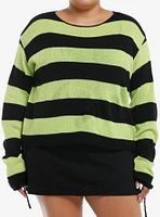 Social Collision Black & Green Stripe Girls Crop Sweater Plus