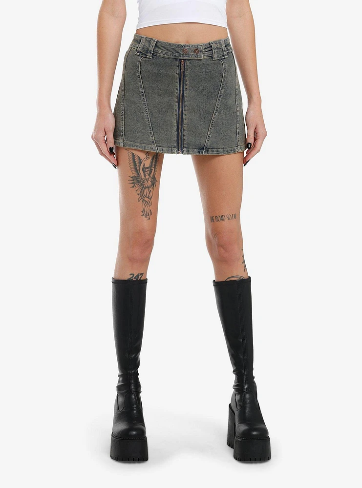 Light Indigo Vintage Wash Moto Denim Mini Skirt