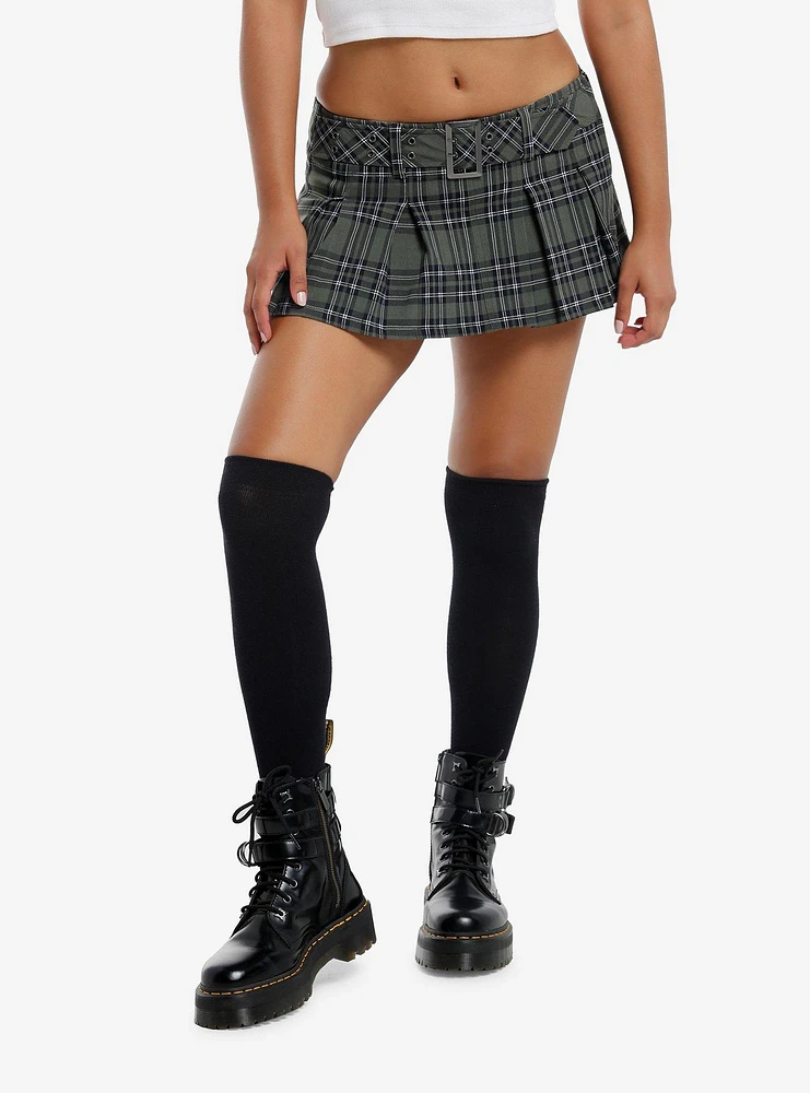 Olive Plaid Belted Micro Skort