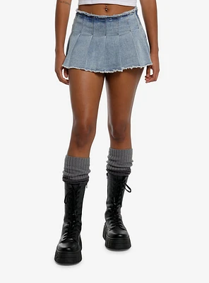 Light Indigo Wash Frayed Denim Pleated Micro Skort