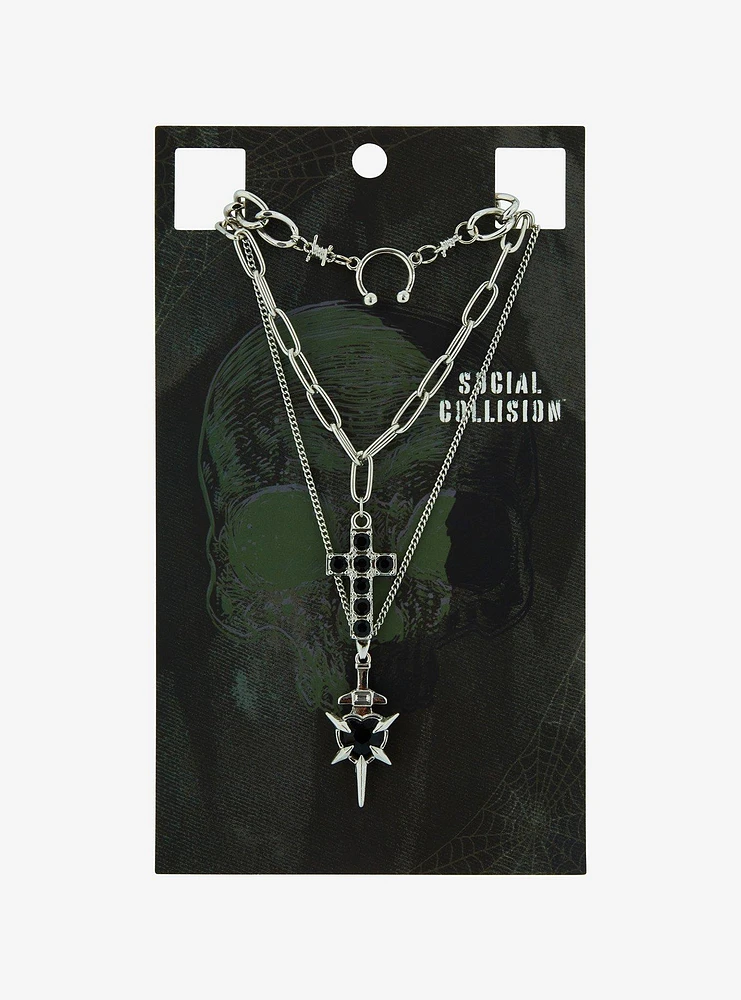 Social Collision Spike Heart Cross Necklace Set