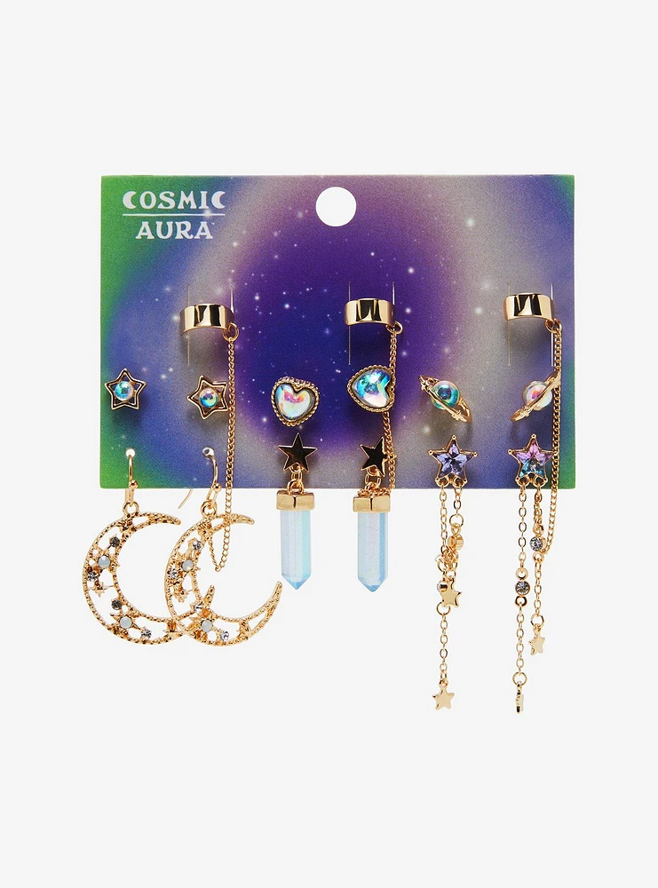 Cosmic Aura Crystal Planet Heart Cuff Earring Set