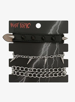 Black & Silver Spike Faux Leather Chain Bracelet Set