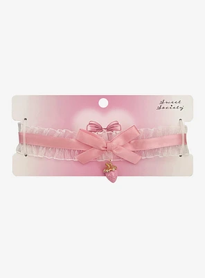 Sweet Society Pink Strawberry Ruffle Ribbon Choker