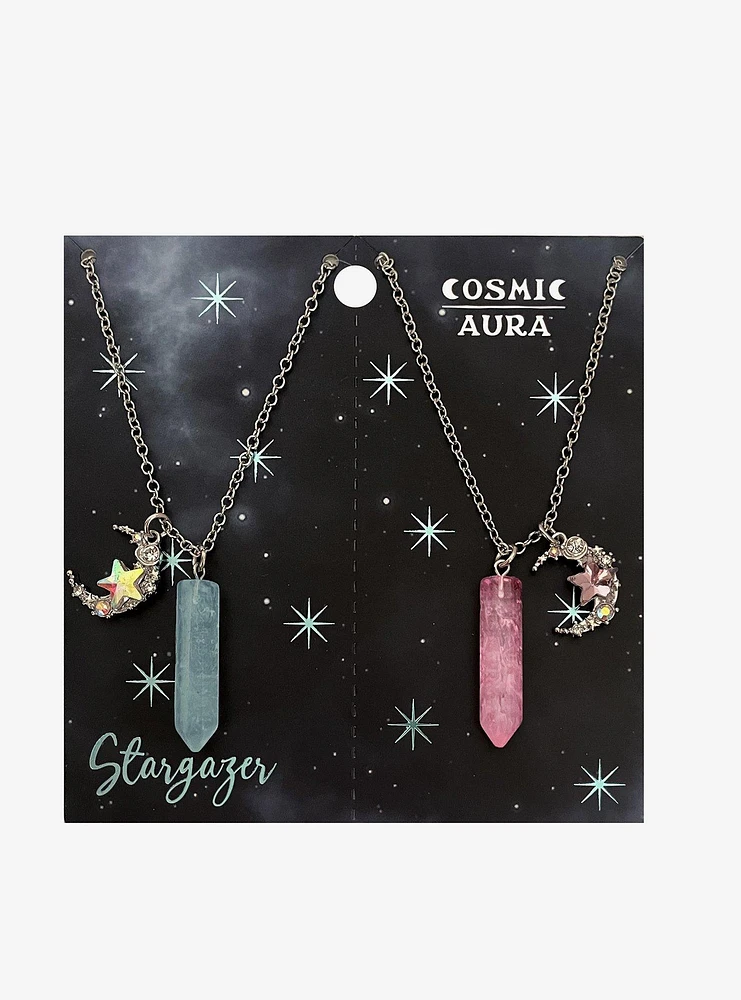 Cosmic Aura Crescent Moon & Crystal Best Friend Necklace Set