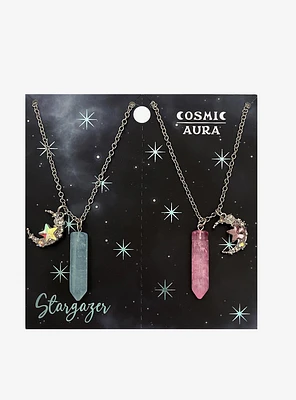 Cosmic Aura Crescent Moon & Crystal Best Friend Necklace Set