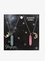 Cosmic Aura Crescent Moon & Crystal Best Friend Necklace Set