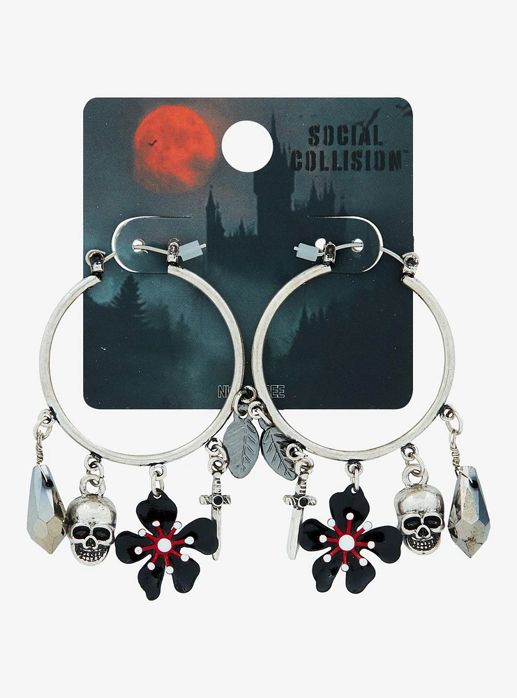 Social Collision Skull & Sword Charm Hoop Earrings