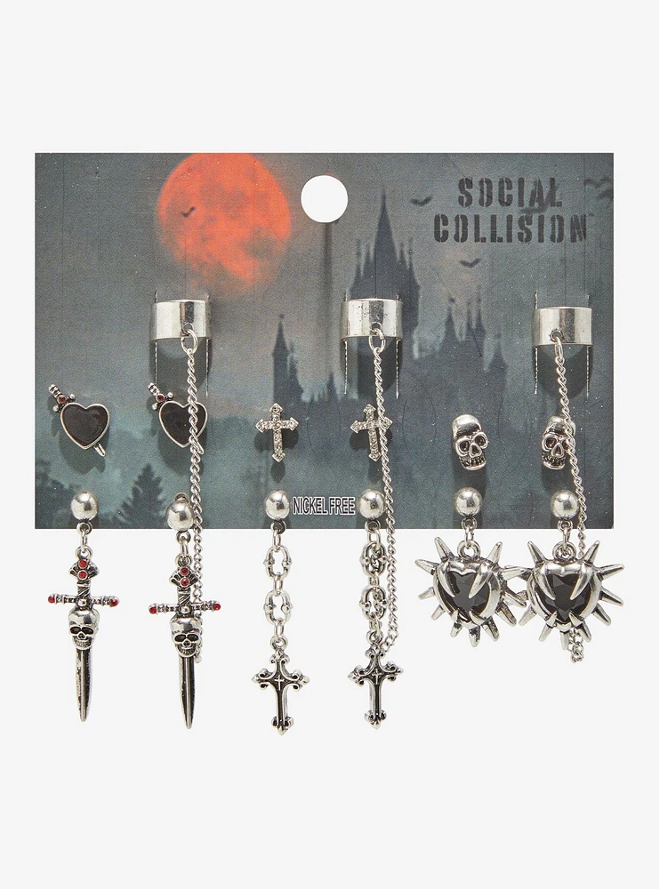 Social Collision Dagger Spike Heart Cuff Earring Set