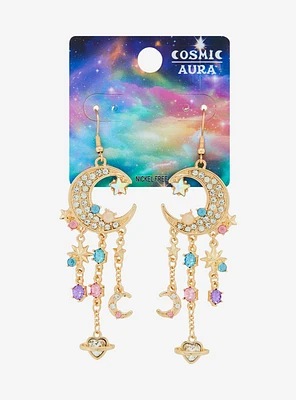 Cosmic Aura Jeweled Crescent Moon Chandelier Earrings