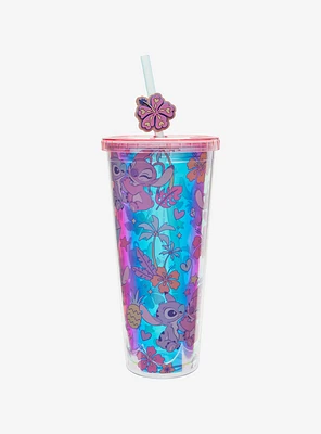 Disney Lilo & Stitch Angel & Stitch Floral Allover Print Carnival Cup with Straw Charm