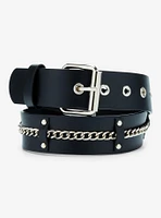 Black Faux Leather Silver Chain Stud Belt