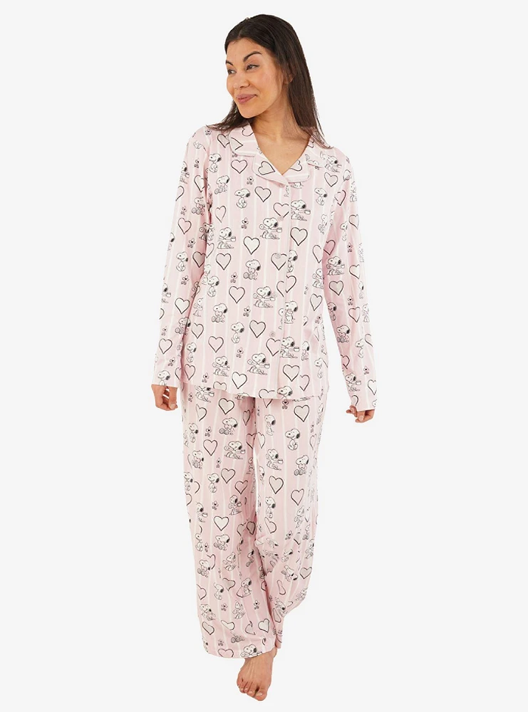 Snoopy Classic Pinstripe Hearts Notch Collar Pajama Set