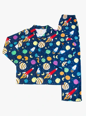 Space Ship Long Sleeve Notch Collar Youth Pajama Set