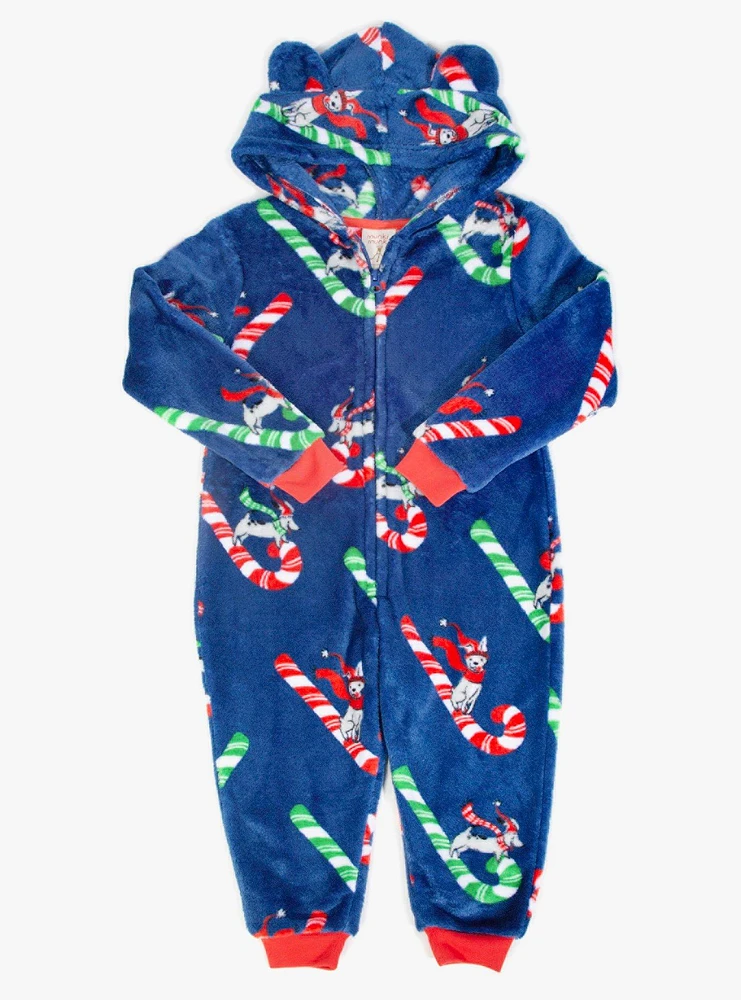 Candy Cane Sled Dogs Youth Hooded One Piece Pajama