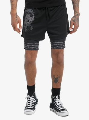 Social Collision Cross & Barb Wire Twofer Athletic Shorts