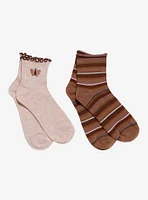 Brown Butterfly Stripe Ankle Socks 2 Pair