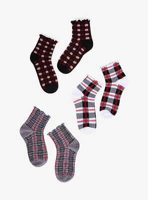 Red & Black Plaid Ankle Socks 3 Pair