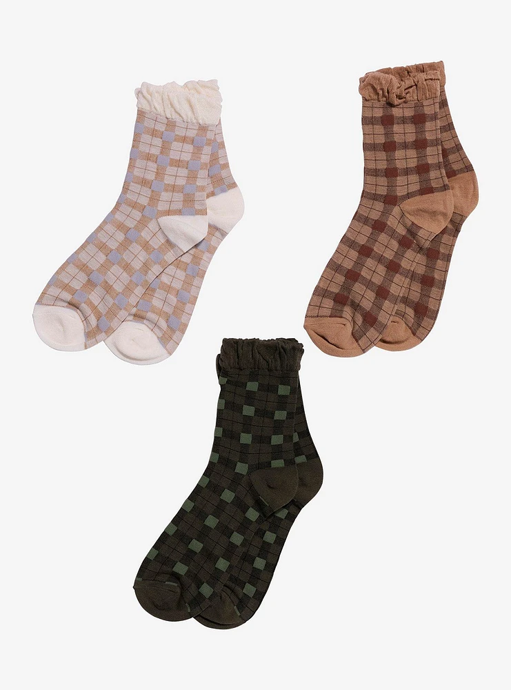 Earth Tone Plaid Ruffle Ankle Socks 3 Pair