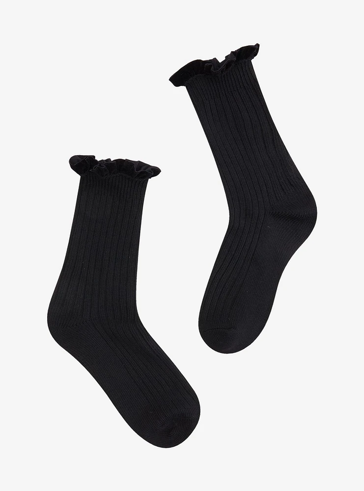 Black Ribbed Velvet Ruffle Crew Socks