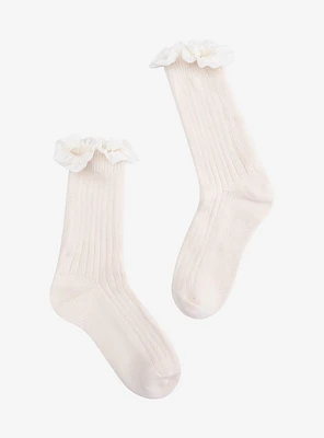 Cream Ribbed Ruffle Crew Socks