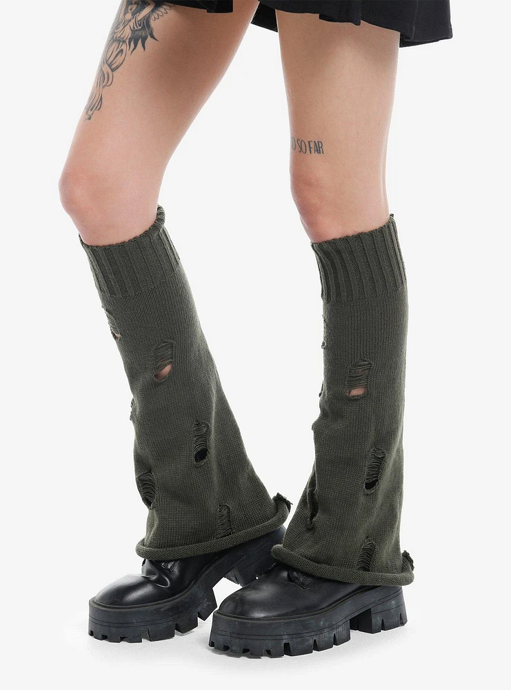 Olive Distressed Flared Leg Warmers