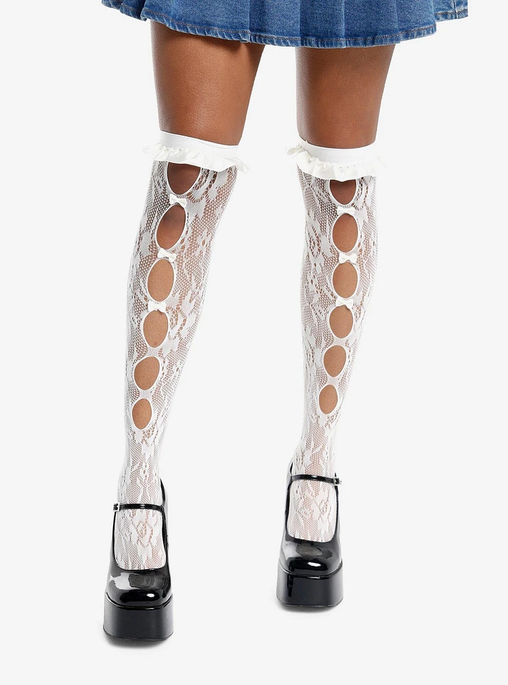 Cream Pointelle Bows Knee-High Socks