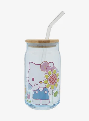 Sanrio Hello Kitty Floral Glass Cup with Straw