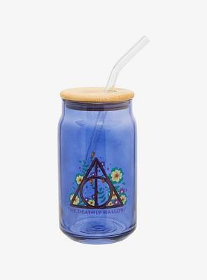 Harry Potter The Deathly Hallows Floral Glass Cup with Straw