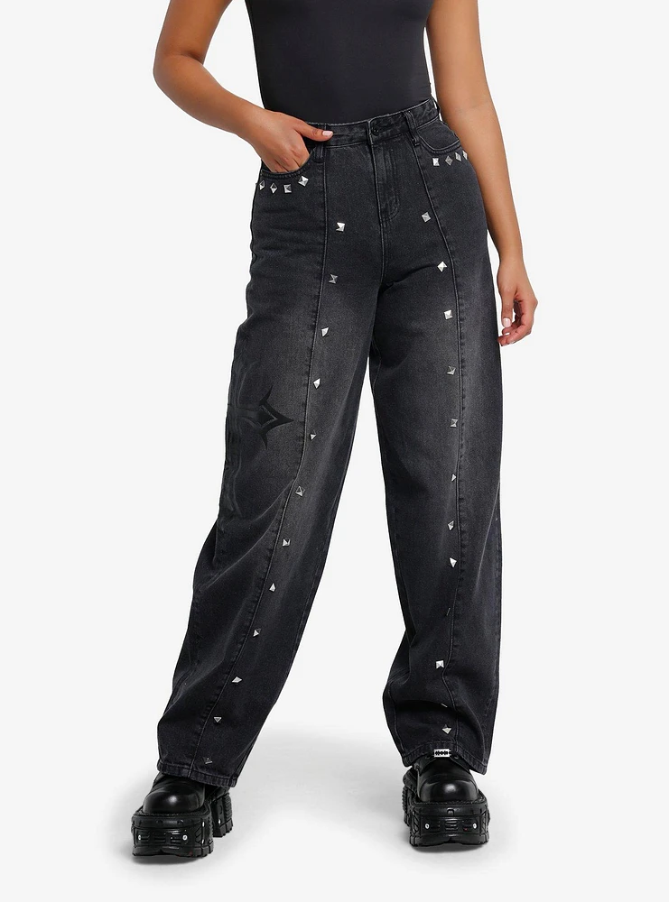 Black Gothic Cross & Stud Wide Leg Jeans