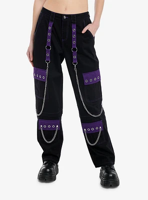 Black & Purple Grommet Strap Carpenter Pants